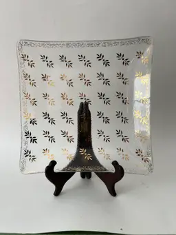 Vintage Rojack 9" Square Bent Glass Tray Gold Flake. Chipped Corner. MCM Art Glass