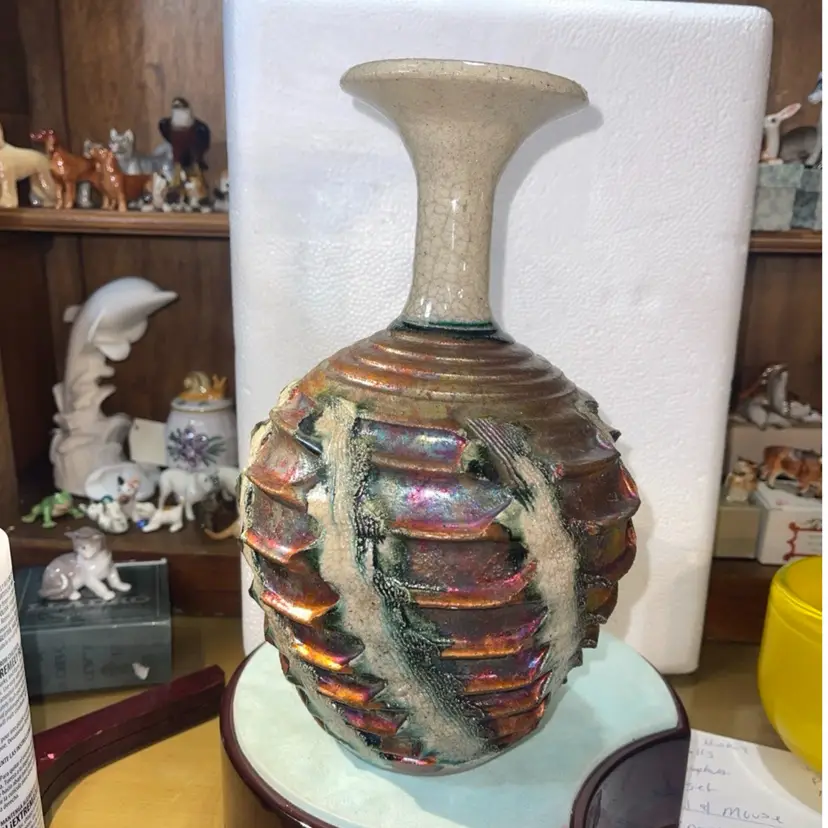 Bruce Odell Handmade Iridescent Textured Art Pottery Vase 10”Raku Signed 2006