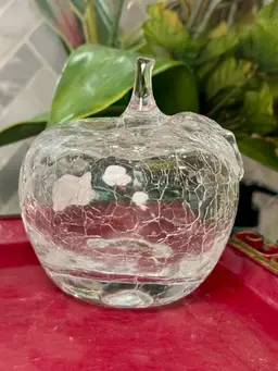 Vintage Silvestri Hand Blown Clear Crackle Glass Apple Stem
