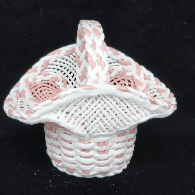 Handmade Woven Ceramic Basket Pink and White Small VTG 5.5" High