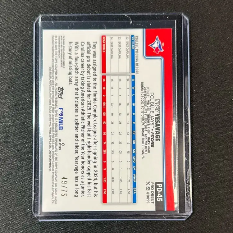 Trey Yesavage 2025 Topps Pro Debut Aqua Foil Auto /75 Toronto Blue Jays