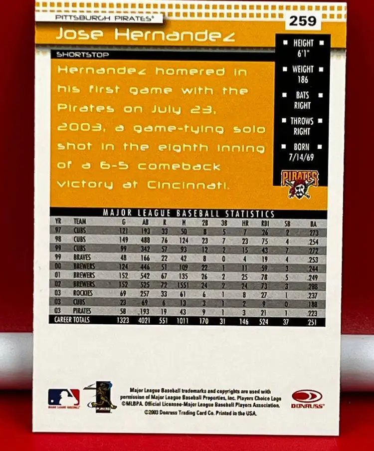 2004 Donruss Collector Baseball Trading Card Pirates Jose Hernandez #259