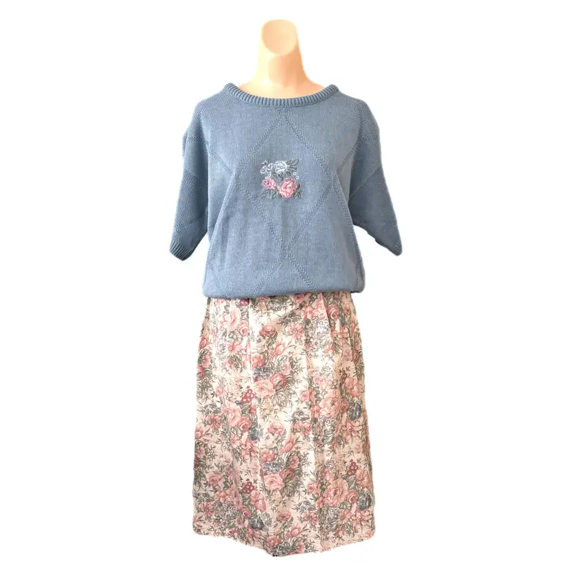 Bentley 12 Skirt Sweater Set Floral Matching Belt Shoulder Pads Embroidered 1990s Vintage