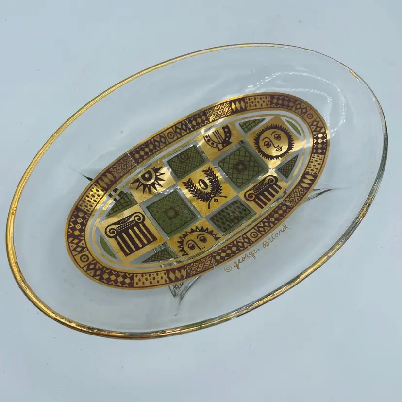 Georges Briard Vintage Gild Celestial Columns Themed Glass Shallow Trinket Dish