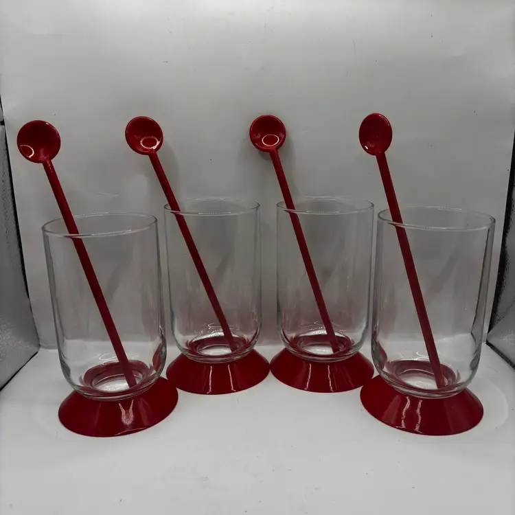 VERY RARE Bodum Red Base High Ball Glasses W/ Matching Swizzle Sticks VTG MCM