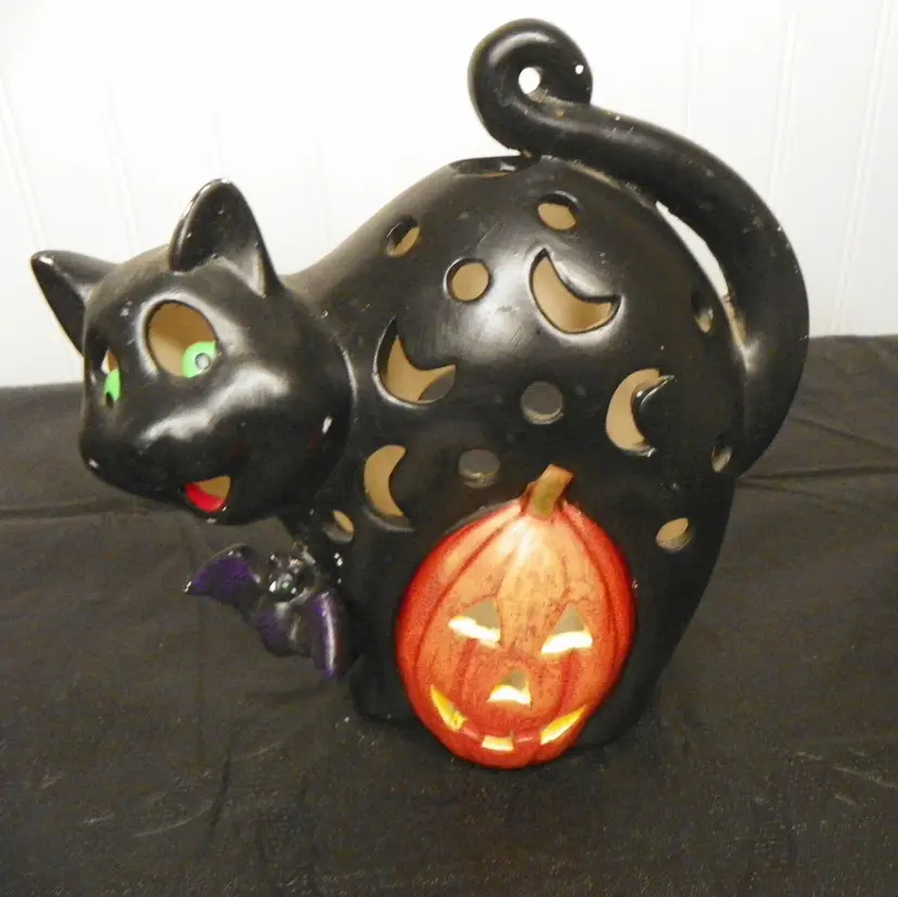 Vintage Halloween Black Cat with pumpkin Ceramic Candle Holder