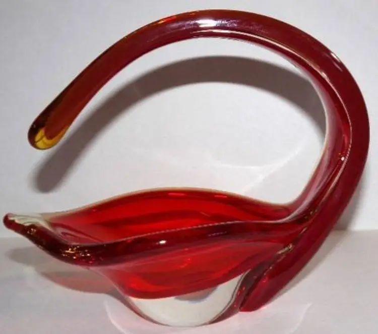 Vintage RARE Murano Italy Freeform Orange/Amberina Glass Basket, Or Bowl With Handle