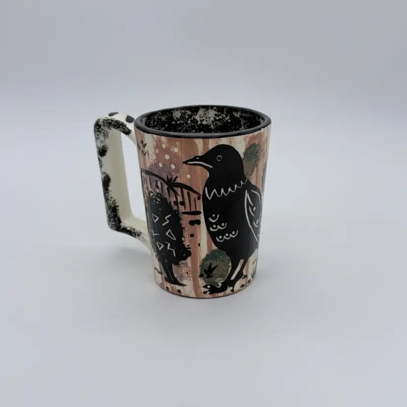 Vtg. Pacific Northwest Studio Raven Folk Art Pottery Mug Signed Soap Lake WA