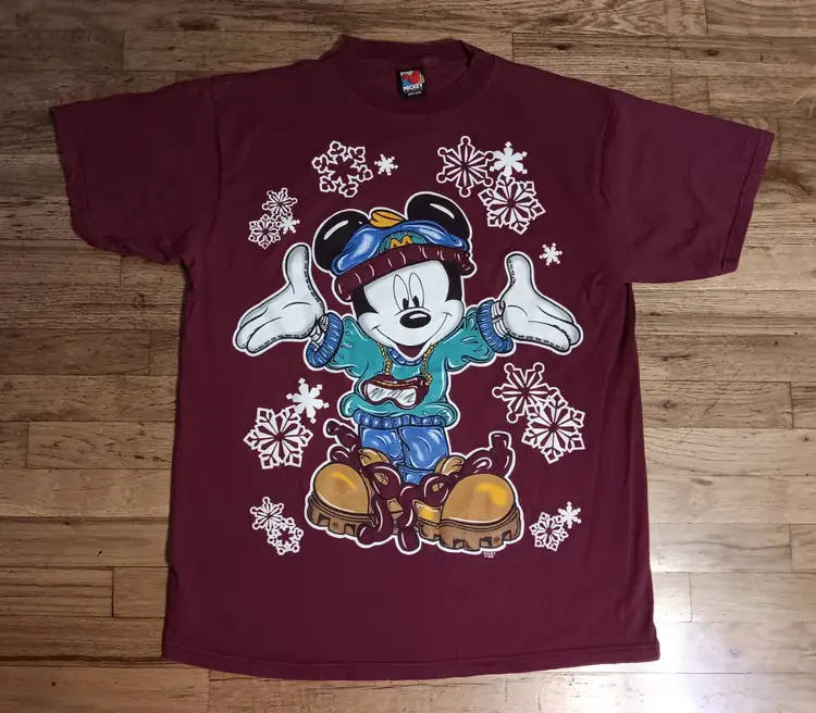 Vintage 90s Mickey Mouse Unlimited Ski Snow Winter Burgundy T-Shirt Minnie Goofy