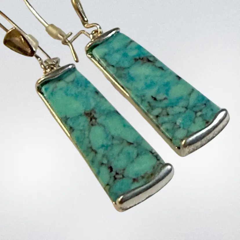 Signed Robert Lee Morris "Mosaic" Semiprecious Turquoise Drop Silvertone Pierced Earrings