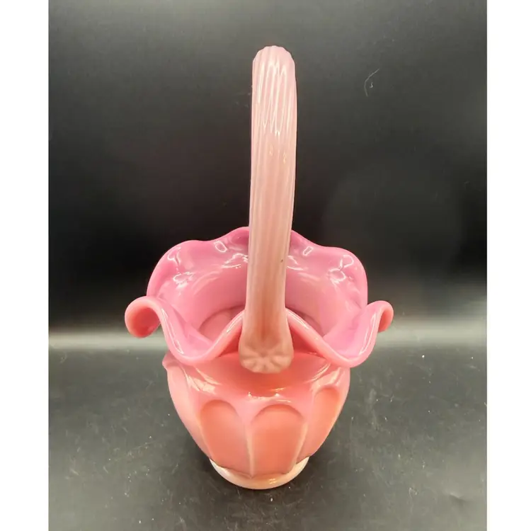 Vintage Fenton Rosalene Opalescent Glass Ruffled Basket With Applied Handle
