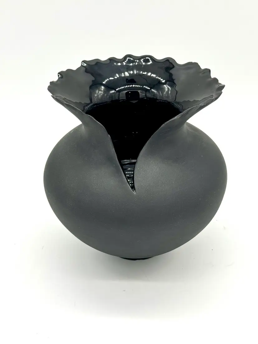 Vase Signed By Artist Black Ceramic 7.5”H x 7.5”W Modernist Ceramic