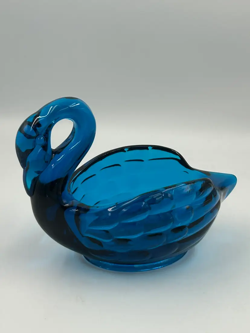 Vintage MCM Viking Art Glass Blue Swan Candy/Trinket Dish