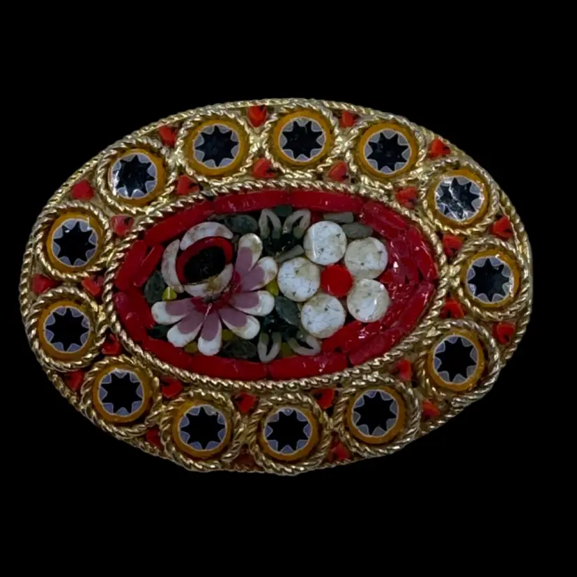 Vintage Italian micro-mosaic oval brooch with a floral design.