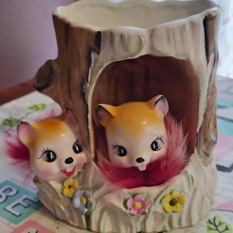 Vintage Chipmunk or Squirrel Planter | Super Kitschy and Cute Little Woodland Critters on a Stump | Springy Squeaker Nodder with Real Fur Accents | 1950s Rubens Original Made in Japan