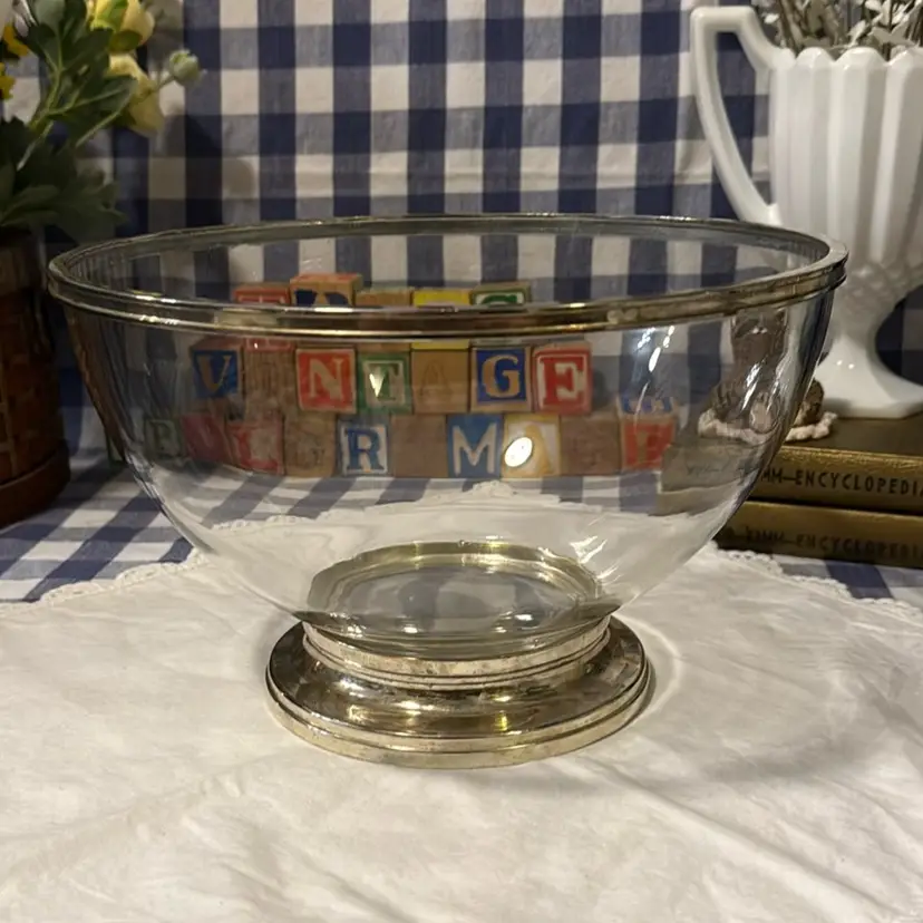 Vintage Godinger Glass Bowl With Silver-Plated Rim & Pedestal