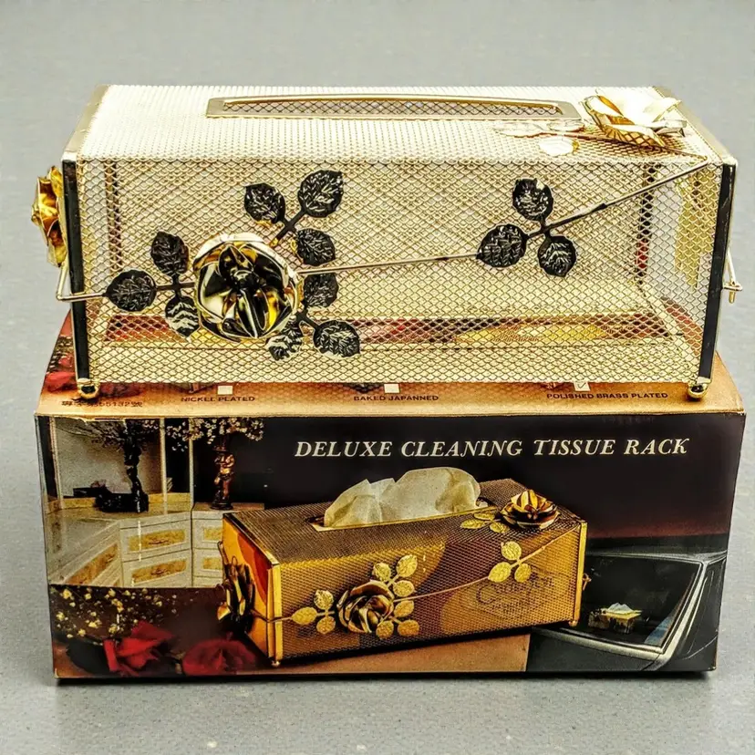 Vtg Gold Tone Metal Rose Mesh Tissue Box Cover Holder Hollywood Regency NOS Box