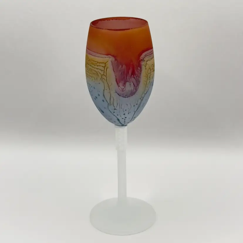 Vintage Handblown Hebron Art Drip Glaze Frosted Stem Glass Wine Water Goblet, Multicolor Swirl Design, Elegant Barware Decor, By Hebron Glass, Made in Bani Na’im, Hebron Palestine