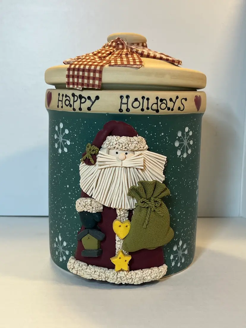 #64 Ceramic Christmas 3-D Santa Cookie Goodie Jar BNIB with fabric bow on lid