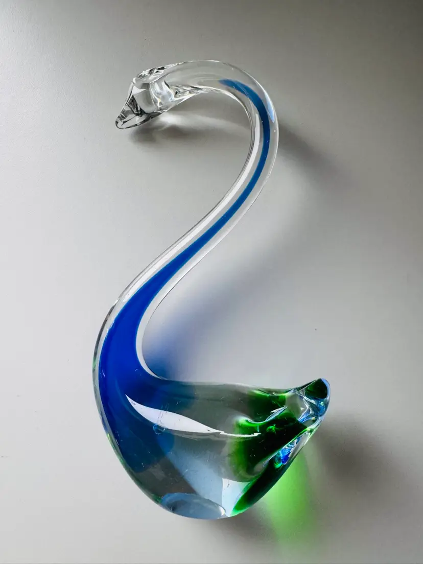 Handblown Large Glass Swan Paperweight - Blue & Green