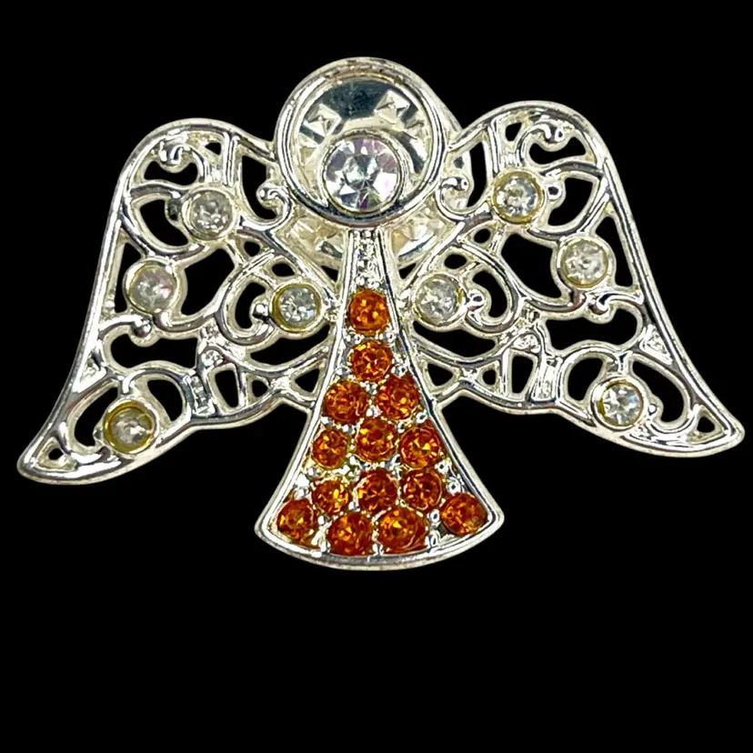 Guardian Angel w Clear & Orange Crystal Rhinestones. November Birthstone. Silver-tone Brooch Pin. Great Christmas Jewelry.