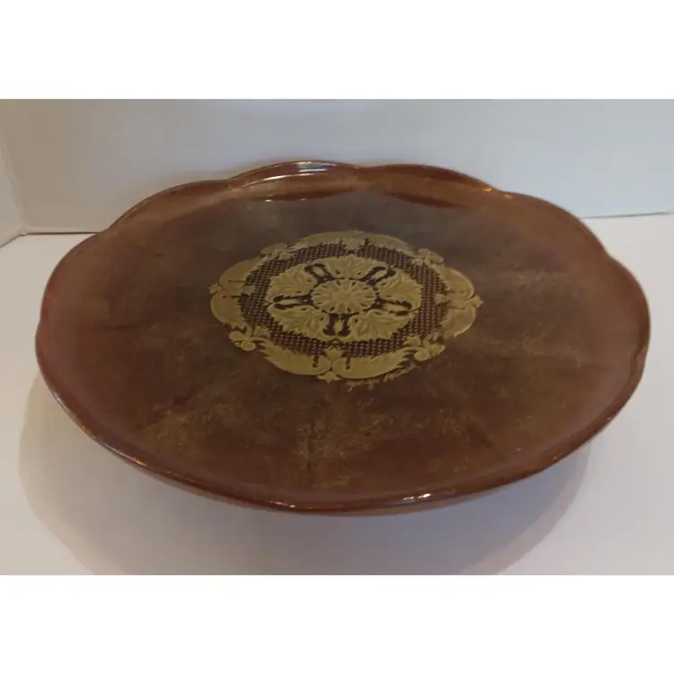 Vintage MCM Georges Briard Brown Gold Scallop Edge Footed Cake Stand 11 inches