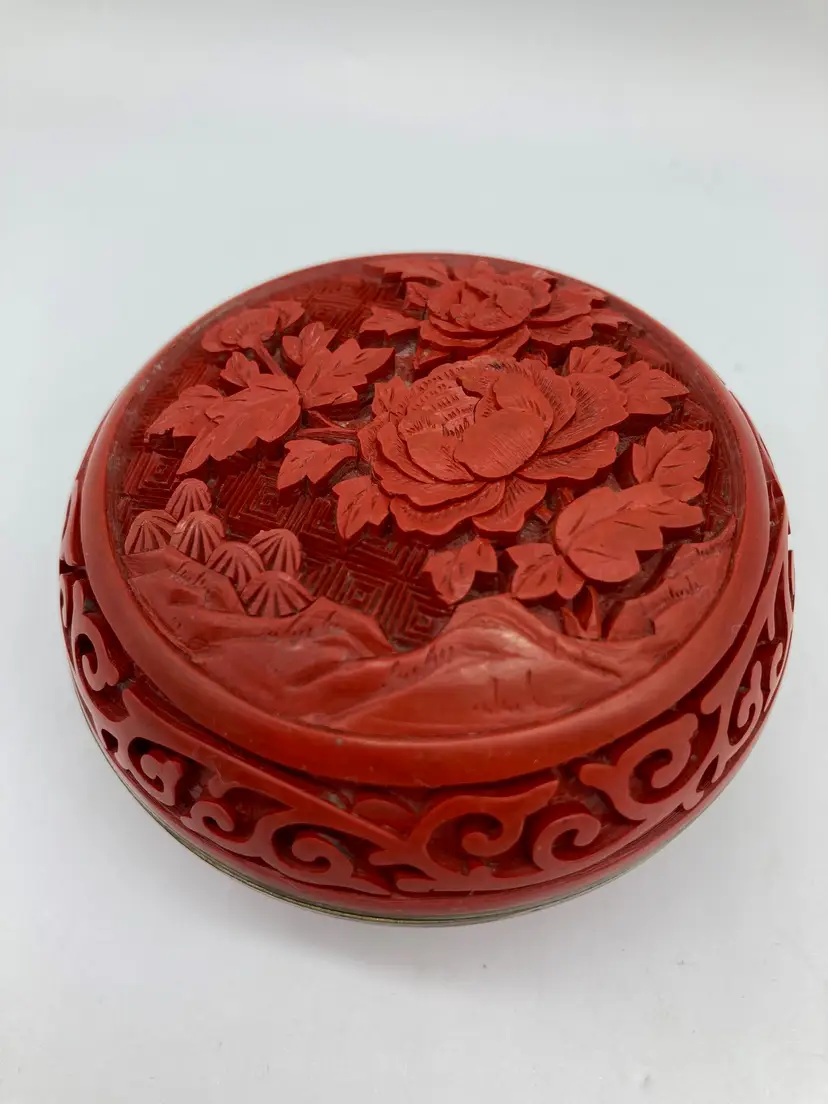 Vintage Red Cinnabar Chinese Two Piece Carved Bowl Blue Porcelain Inlay