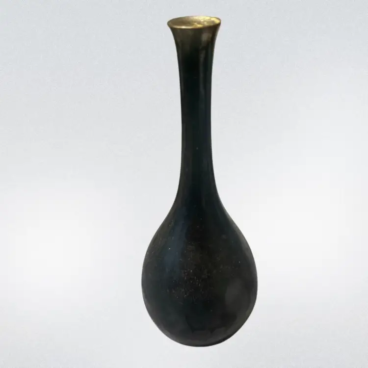 Vintage Brass Bud Vase with Etched Landscape Scene | Asian Style Brass Vase | Blackened Patina | 6 1/2” Tall