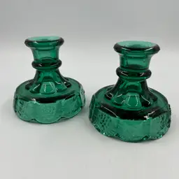 Vintage Pair Of Fenton Spruce Green Candlestick Holders With A Grape Pattern Approximately 4”T 4”W