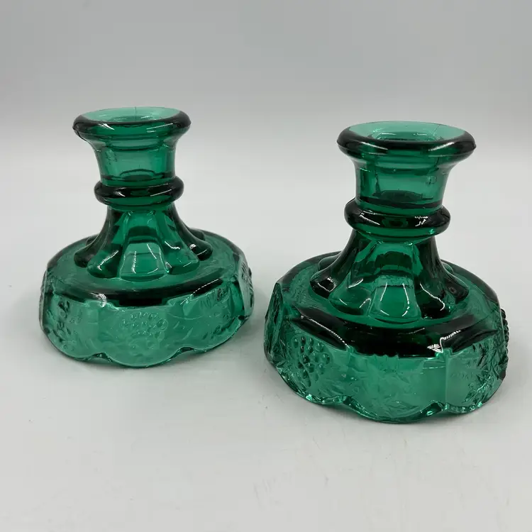Vintage Pair Of Fenton Spruce Green Candlestick Holders With A Grape Pattern Approximately 4”T 4”W