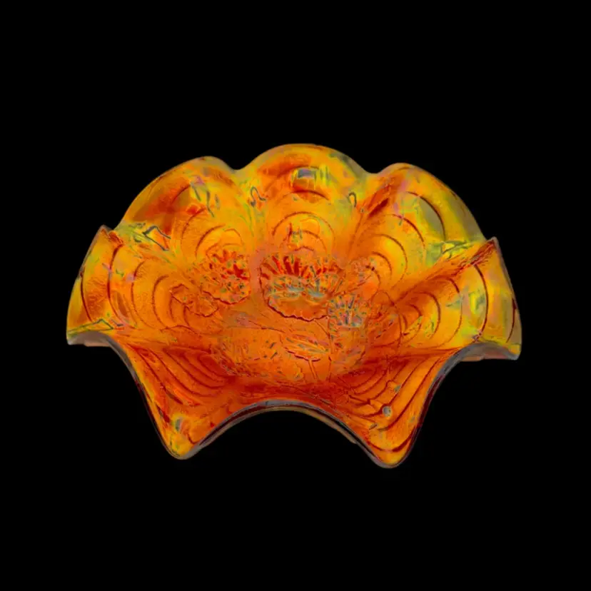 Marigold Carnival Glass 'Imperial Pansy' 8" Ruffled Round Bowl.