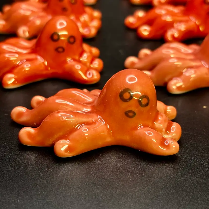 Set Of 7 Red Ceramic Octopus Chopstick Rests