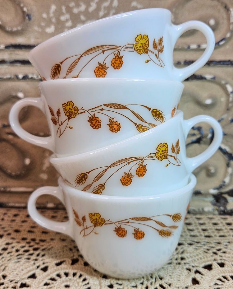 Set of 4 Vintage PYREX Harvest Home Milk Glass Coffee Tea Mugs Wheat & Berries