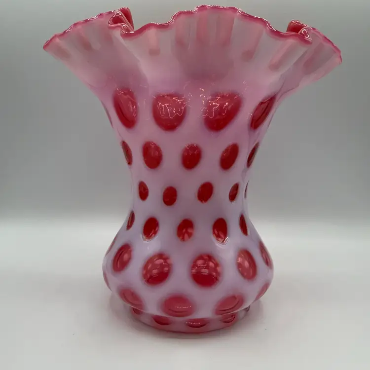 Fenton Cranberry Cased Glass Coin Dot 8” Double Ruffle Vase