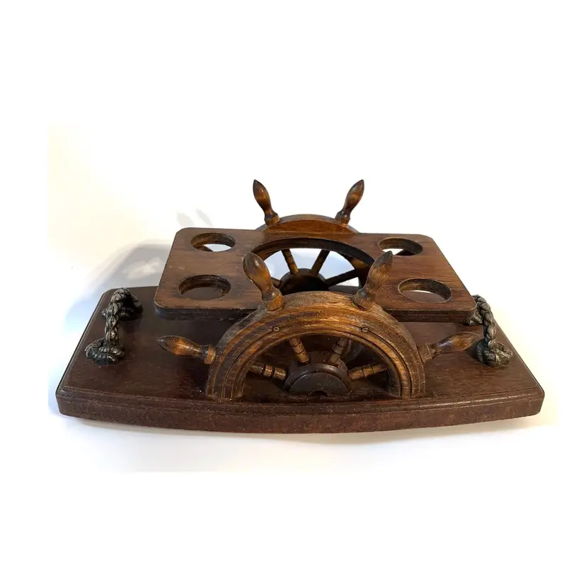 Wooden Stand Ship's Wheel Serving Bar Tray for Bottle & 4 Shot Glasses Rope Handles