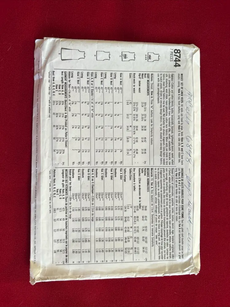 Vtg Simplicity Pattern 8744 Set Of Vests 1993 Uncut FF