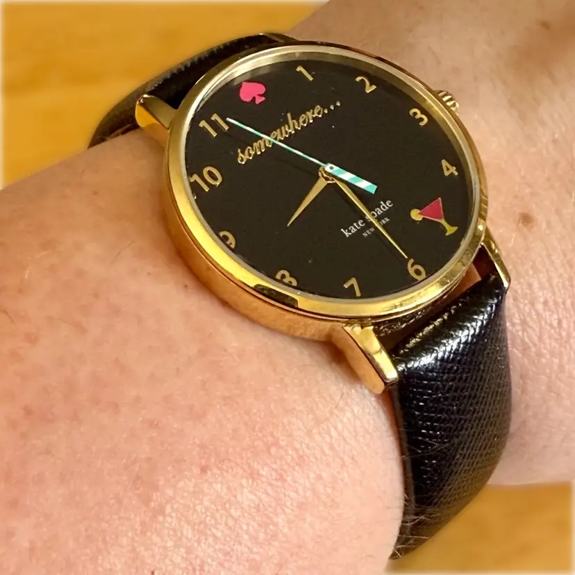 Signed Kate Spade 5 O'Clock Somewhere Black Leather Band Goldtone Watch **UV Reactive**