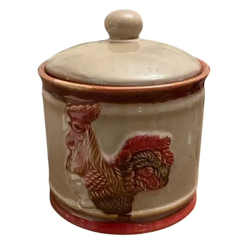 Vintage Farm House Style Glazed Pottery Canister With Rooster W/lid On 5 1/2” X 4 1/2”