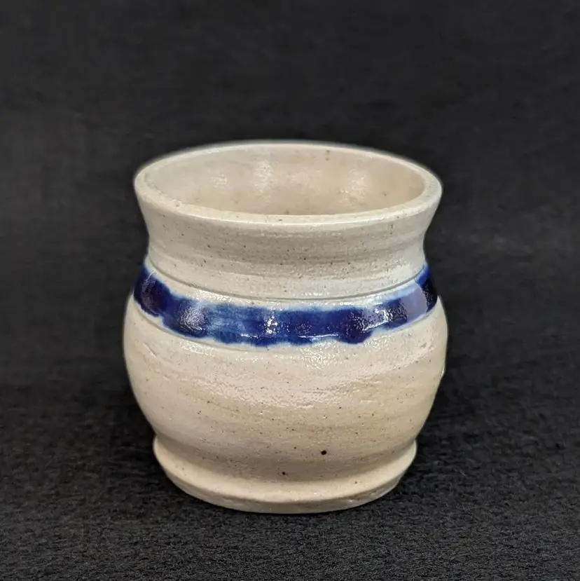 Vintage Mini Stoneware Crock Salt Glazed Cobalt Blue Stripe Doll House 2.25x2"