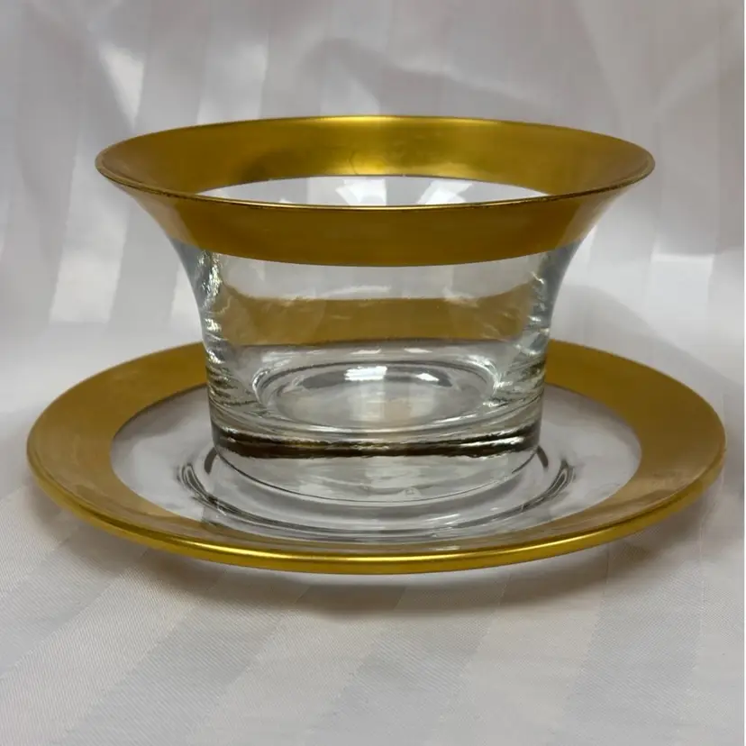 Dorothy Thorpe Glass 22kt Gold Rim Two Piece Server Plate & Bowl MCM Elegant