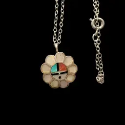 Sterling silver Native American Zuni/Hopi sun face inlay necklace.