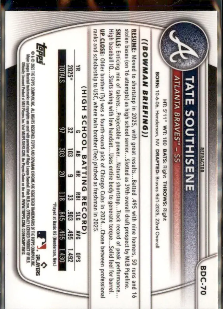 2025 Bowman Draft #BDC-70 Tate Southisene Chrome Refractor - (138) - Atlanta Braves