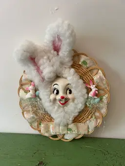 Vintage Easter Decoration. Door/ Wall Hanging. Plastic Bunny Face. Retro Handmade