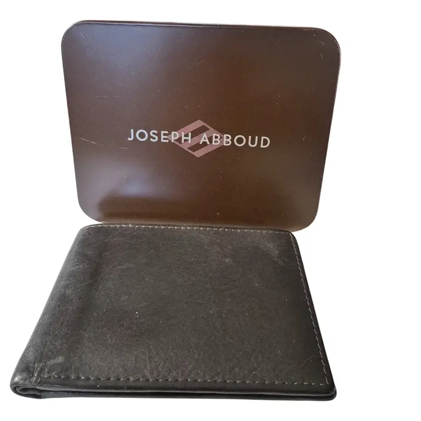 Joseph Abboud Black Leather Bi-Fold Wallet Slim Mens w/ Tin Case GUC