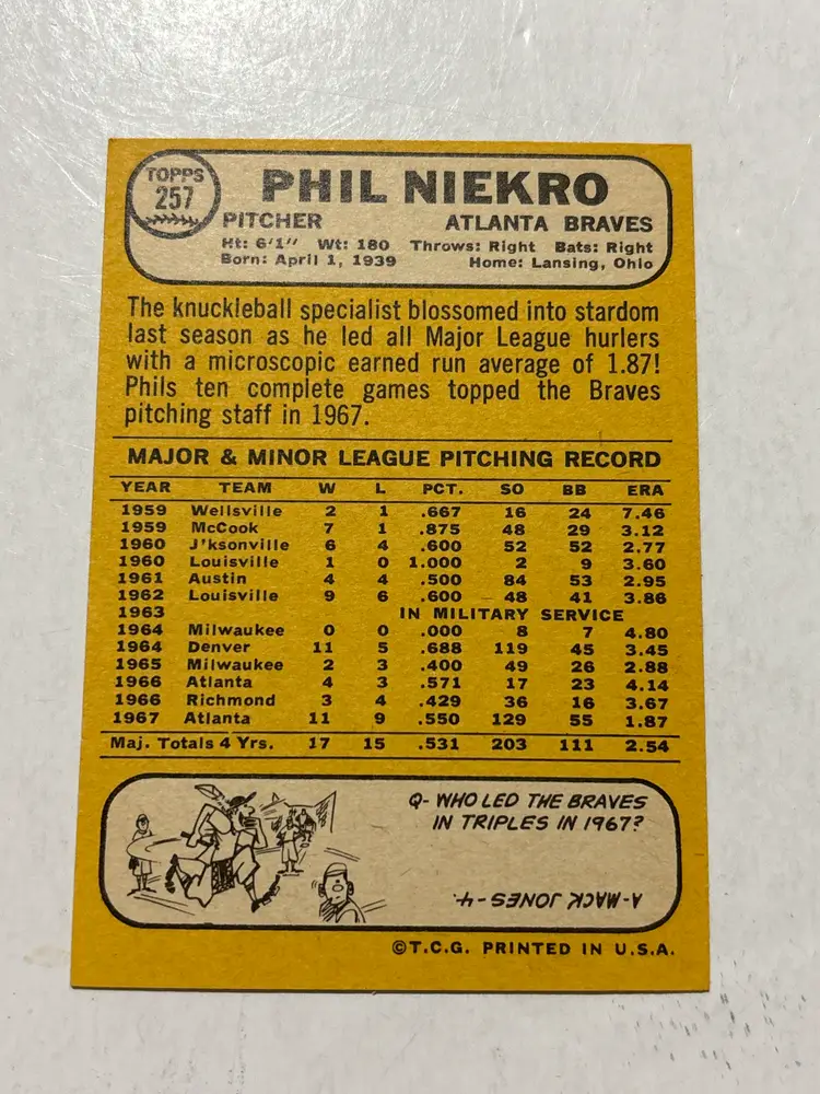 Phil Niekro – 1968 Topps # 257 Atlanta Braves EX