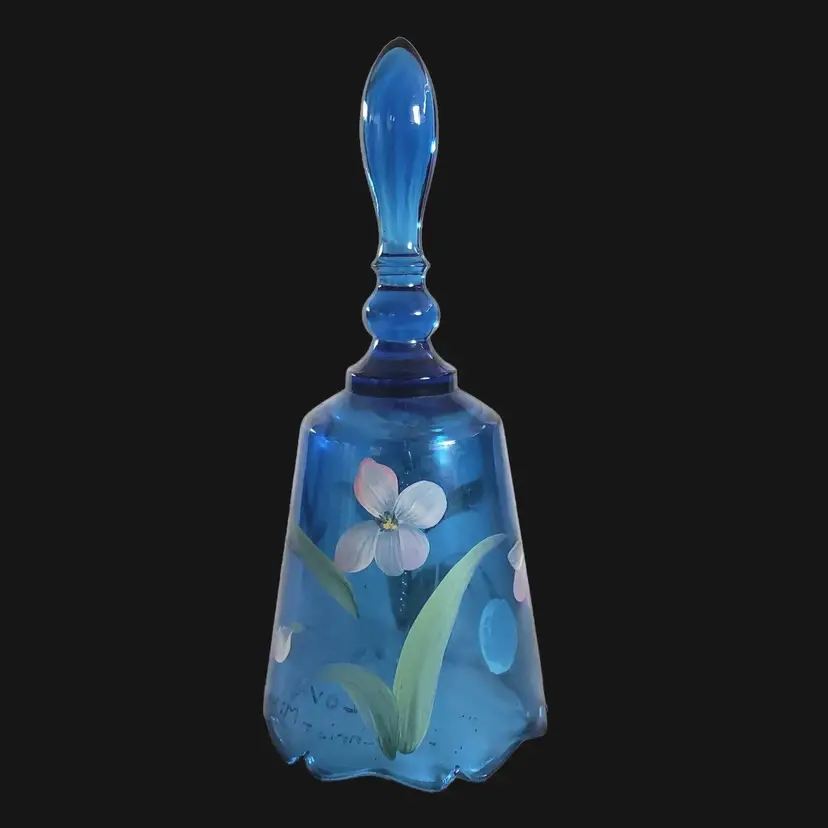 Art Glass Fenton Bell Blue Signed Hand Painted S Bryan 6 7/8" tall Flowers Floral