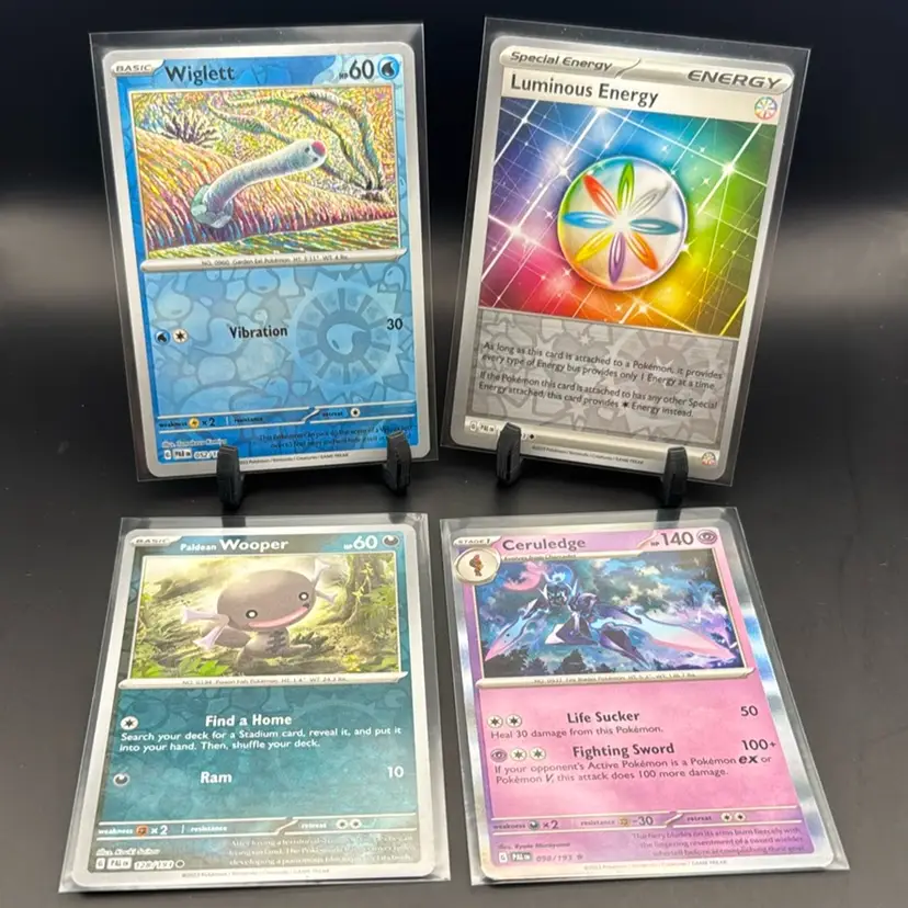 Pokémon Lot Wiglett Pokeball Holo, Luminous Energy Pokeball Holo, Paldean Wooper Pokeball Holo, Ceruledge Holo