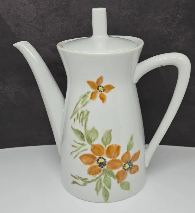 Vintage Floral Ceramic Teapot, Orange Flowers, Hand Painted, Signed, 1987
