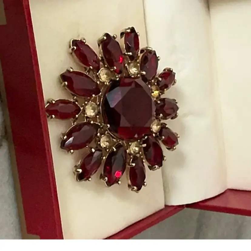 Vintage Monet Round Gold Tone Brooch With Ruby Red And Clear Stones, 2โ In Original Box Costume Jewlery