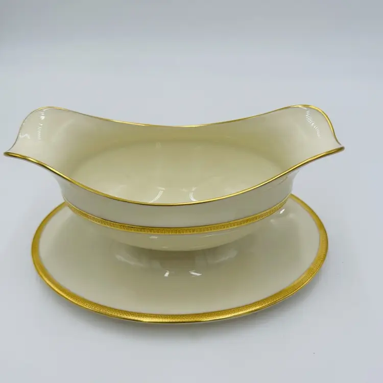Lenox China Tuxedo Gravy Boat with Saucer or Sauce Bowl J-33 USA Porcelain Gold